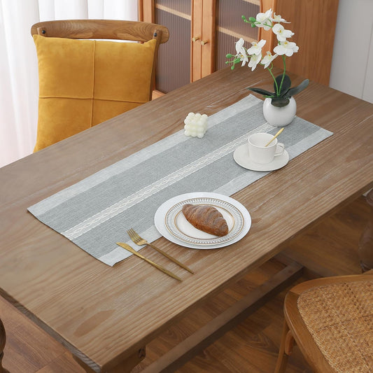 Gernaice Boho Table Runner, Rustic Cotton Linen Farmhouse Table Runners for Dresser End Coffee Table Home Decor, 36" L X 13" W Grey