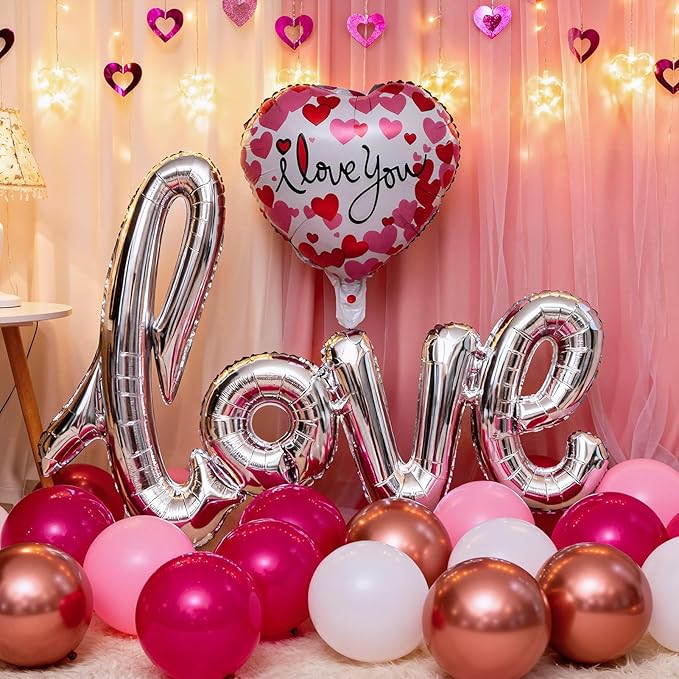 Valentines Day Balloon Arch Kit, Pink Rose Red Rose Gold Balloon Garland & I LOVE YOU/Love/Diamond Ring Foil Balloons for Galentines Mothers Day Wedding Engagement Anniversary Party Decorations