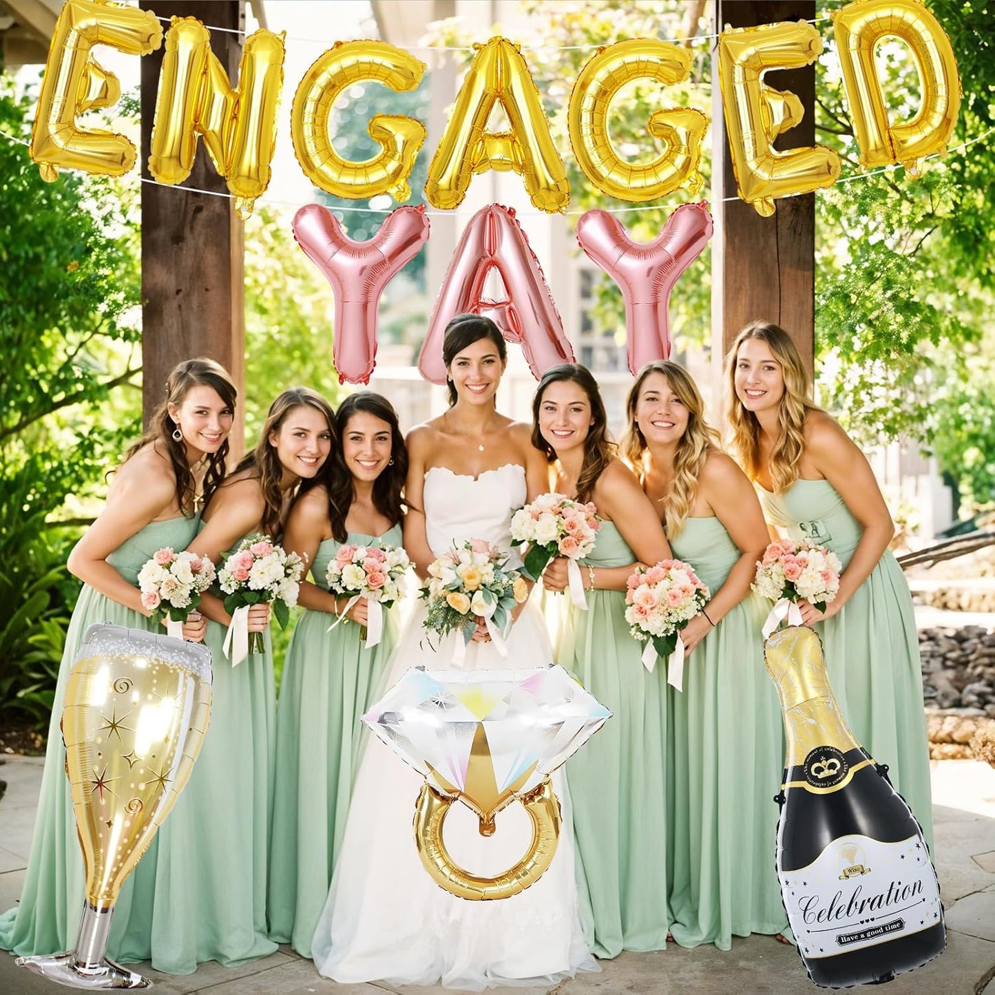 Gold Engagement Party Decorations, Engaged Yay Balloons Letters Banner, Diamond Ring Black Champagne Bottle Balloon Glass Foil Balloon for Bachelorette Engagement Wedding Bridal Shower Party Supplies