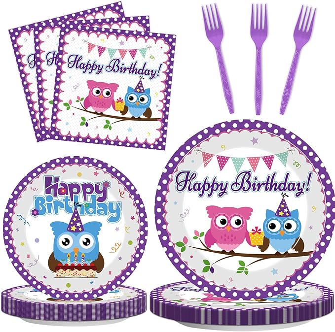 96Pcs Owl Birthday Party Supplies Owl Theme Paper Plates Napkins Animal Party Decorations Cute Owl Dinnerware Party Favor Boys Girls Baby Shower Tableware Serves 24