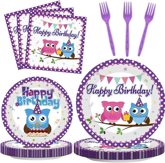 96Pcs Owl Birthday Party Supplies Owl Theme Paper Plates Napkins Animal Party Decorations Cute Owl Dinnerware Party Favor Boys Girls Baby Shower Tableware Serves 24