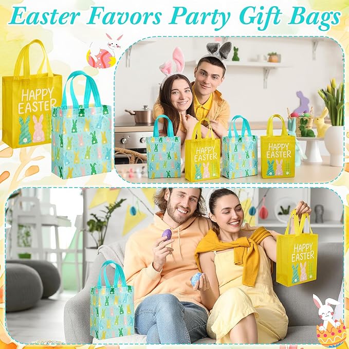 Wovnet 30 Pcs Easter Gift Bags Pastel Colors Easter Bunny Goodie Treat Tote Bags with Handle Reusable Non Woven Rabbit Party Favor Pouch for Spring Party Supplies 10 x 8 x 4in