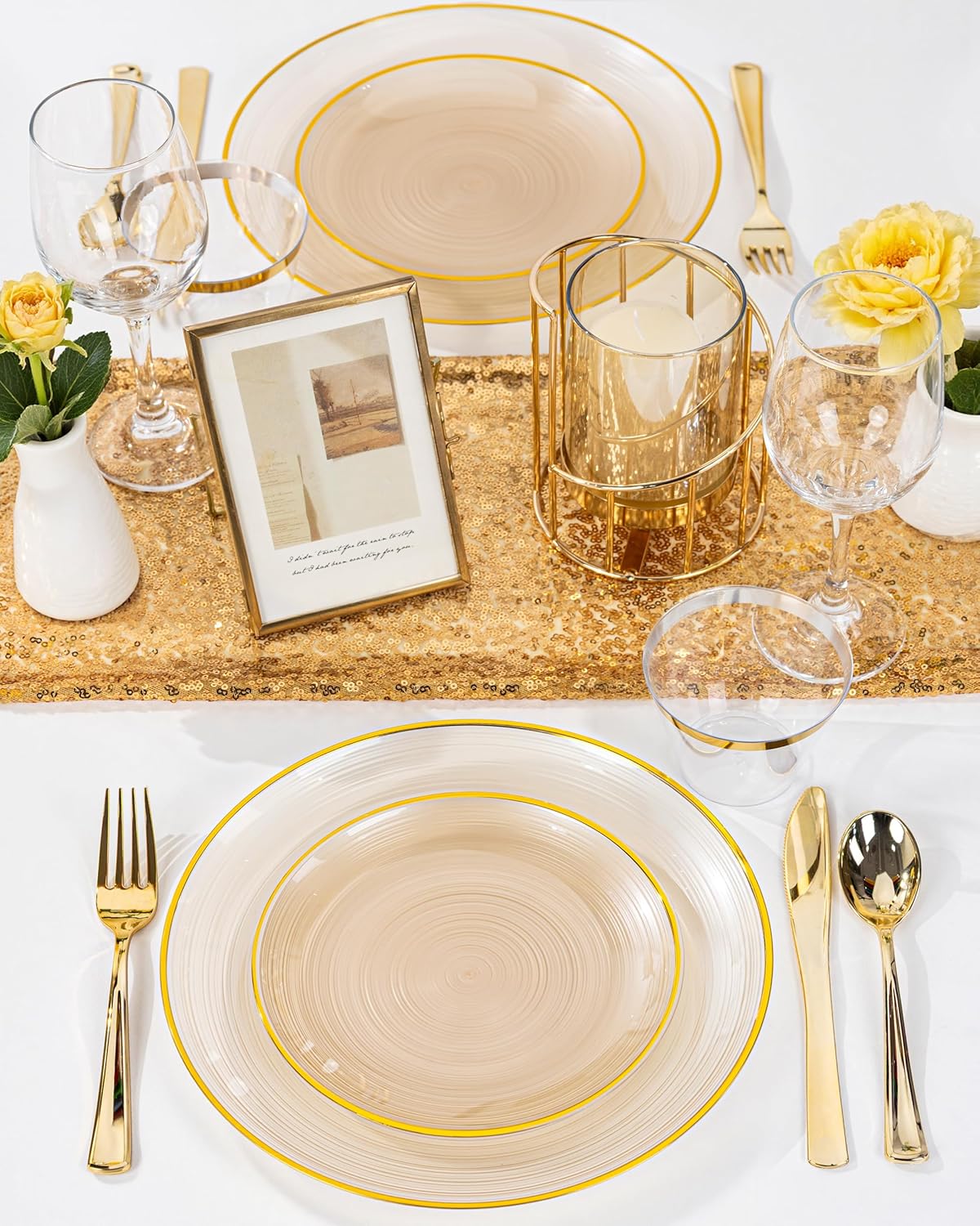 Morejoy 350PCS Clear Brown Plastic Plates - Disposable Gold Party Plates & Pre Rolled Napkins with Cutlery for 50 Guests, 100Plates, 150Silverware, 50Cups, 50Napkin for Party & Thanksgiving