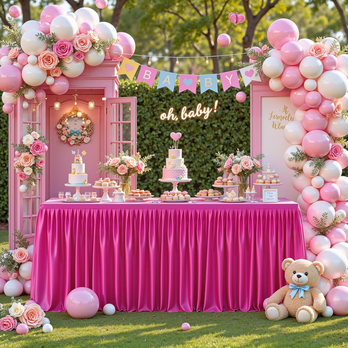 Hot Pink Polyester Table Clothes for 4 Foot Rectangle Tables, Wrinkle Free Fitted Table Cover with Pleated Ruffle Table Skirt for Birthday Party Wedding Trade Show Event Display