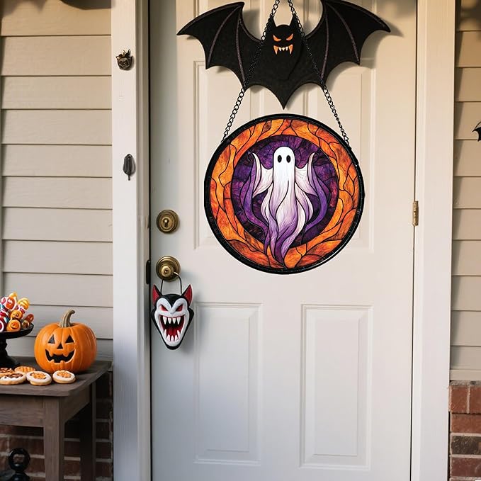 Stained Glass Window Hanging - Halloween Decorations White Purple Ghost Suncatcher for Doors Garden Indoor Spooky Funny Sun Catchers Gothic Decor Horror Gifts for Women Men Friend 11.8 in