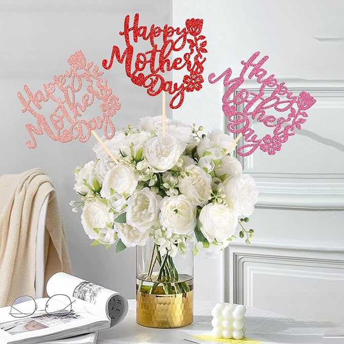 12 PCS Happy Mother's Day Centerpiece Sticks Double Sided Glitter Rose Love Best Mom Centerpieces for Happy Mother's Day Theme Table Flower Decorations Women Birthday Party Supplies Multi