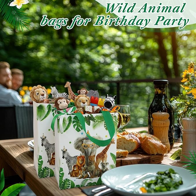Supervitae 24 Pack Wild Animals Theme Gift Bags Medium Goodie Jungle Party Favor Bags Safari Reusable Totes Non Woven Totes for Wedding Birthday Baby Shower Family Holiday Travel(9.8" x 7.9" x 3.9")