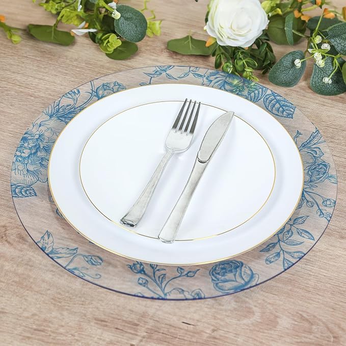 Efavormart 6 Pack Floral Acrylic Charger Plates in French Toile Pattern, Clear Light Blue Round Dinner Charger Event Tabletop Decor - 13"