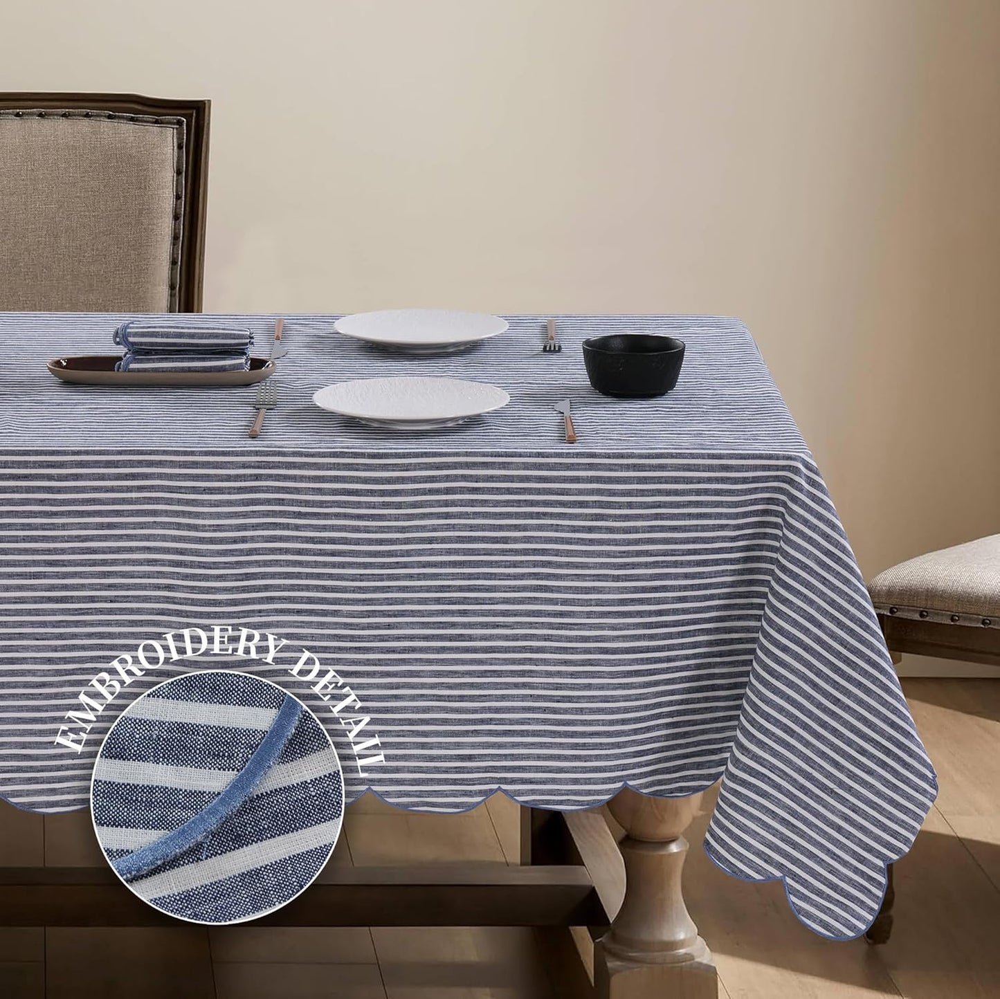 100% French Flax Linen Tablecloths Scalloped Embroidery Rectangle 108Lx60W Inch for Dinners, Parties, Spring, Machine Washable, 8-10 Sets, Blue Stripe(Edges-Blue)