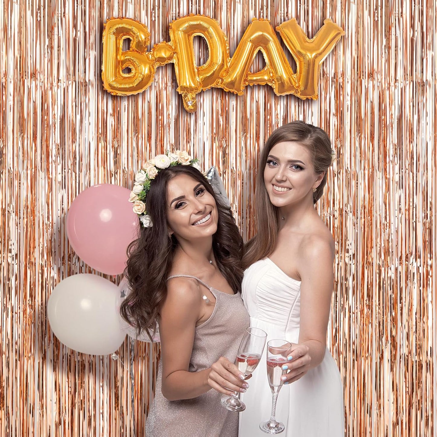 Accevo Rose Gold Foil Party Streamers 3Pack Metallic Tinsel Fringe Curtain 3.2ft x 8.2ft Streamer Curtains Anniversary Thanksgiving Christening Party Photo Booth Tinsel Curtain for Parties Decoration