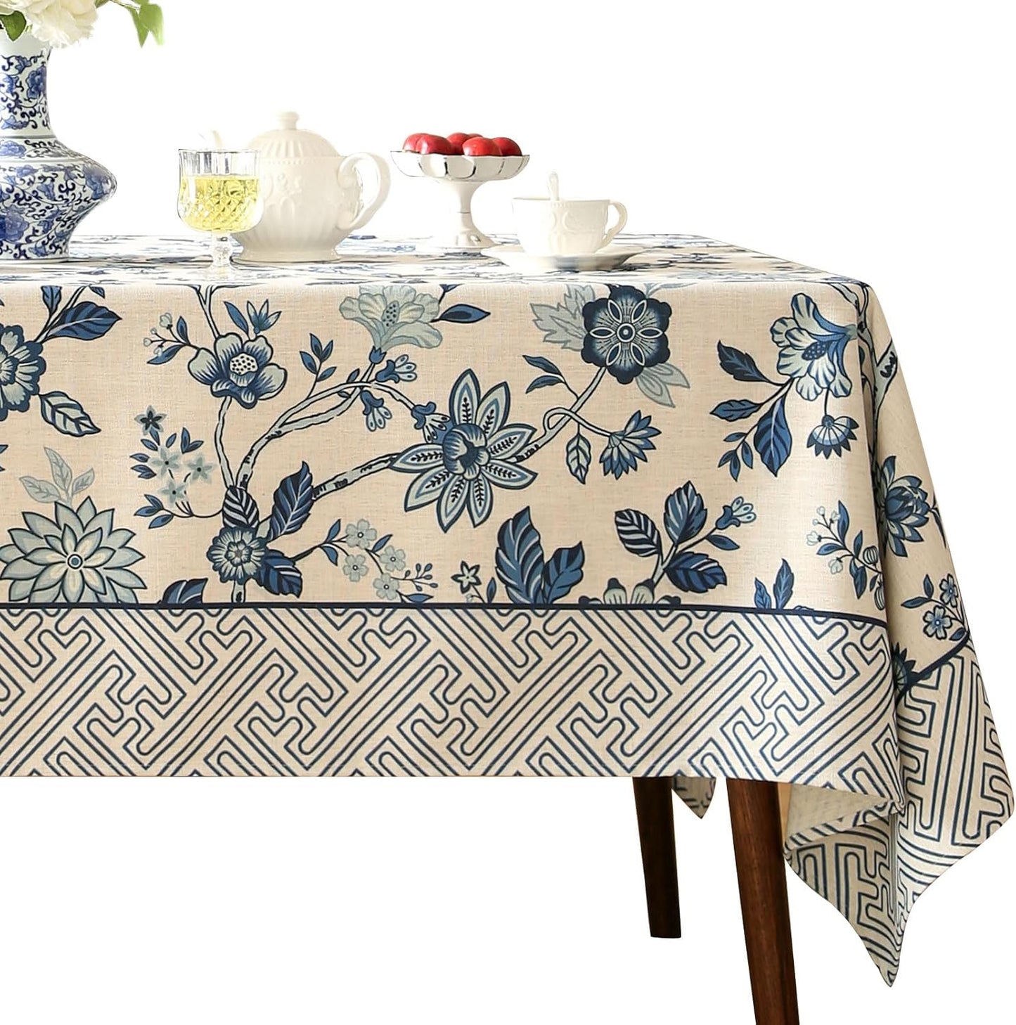 Vintage Blue and White Rectangle Tablecloth,French Linen Floral Wrinkle Free Tablecloths,Decorative Table Cover for Kitchen,Dining,Party,Thanksgiving,Christmas,55"*79"-Suqing