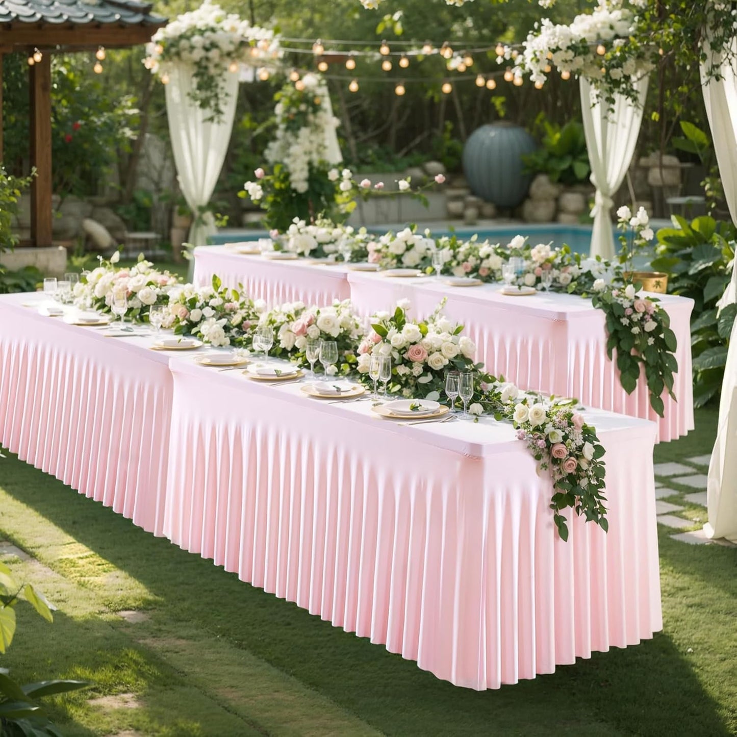 6 Pack Spandex Pink Fitted Table Cloth for 8ft Rectangle Tables Pink Stretch Tablecloth Table Covers Banquet Table Clothes Wrinkle Free Table Skirt for Parties Wedding