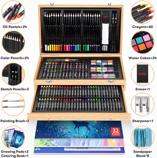 Art Supplies, iBayam 150-Pack Deluxe Wooden Art Set Crafts Drawing Painting Kit with 1 Coloring Book, 2 Sketch Pads, Creative Gift Box for Adults Artist Beginners Kids Girls Boys