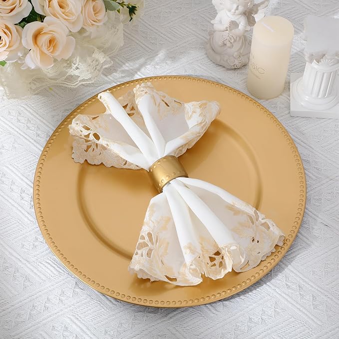 Gerrii 24 Pcs 13 Inch Gold Charger Plates Bulk with Napkin Rings Set Include 12 Pcs Plastic Beaded Charger Plates 12 Napkin Rings Round Dinner Set for Table Wedding Party