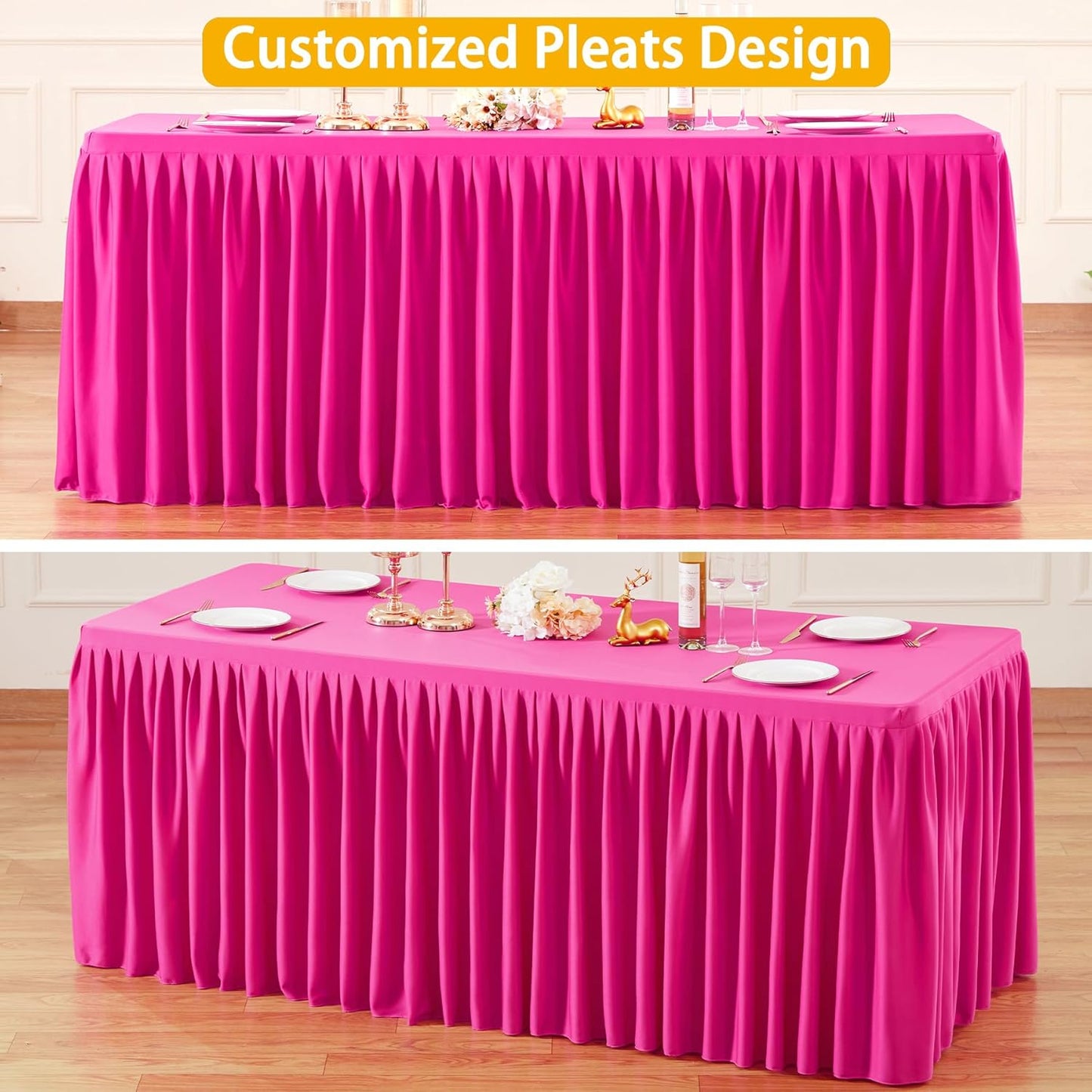Hot Pink Polyester Table Clothes for 8 Foot Rectangle Tables, Wrinkle Free Fitted Table Cover with Pleated Ruffle Table Skirt for Birthday Party Wedding Trade Show Event Display