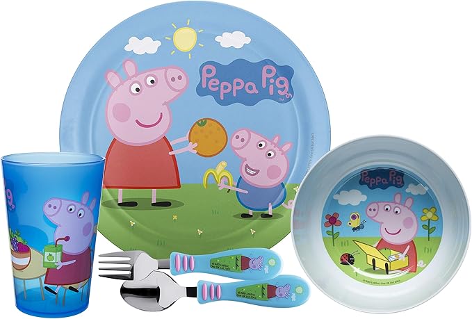 Zak Designs 5-Piece Dinnerware Set, Peppa Pig - Durable Plastic & Stainless Steel - Includes Tumbler, 8-Inch Plate, 6-Inch Bowl, Fork & Spoon - Suitable for Kids Ages 3+