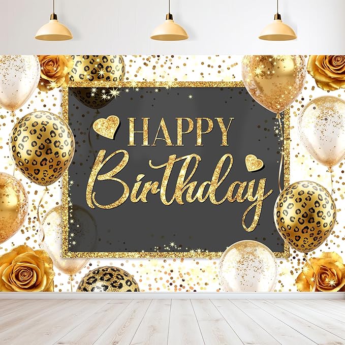 Homewelle Happy Birthday Backdrop 7Wx5H Feet Polyester Fabric Gold Leopard Balloon Love Heart Rose Elegant Flower Confetti Decoration Girly Gold Glitter Photography Background Photo Shoot Props