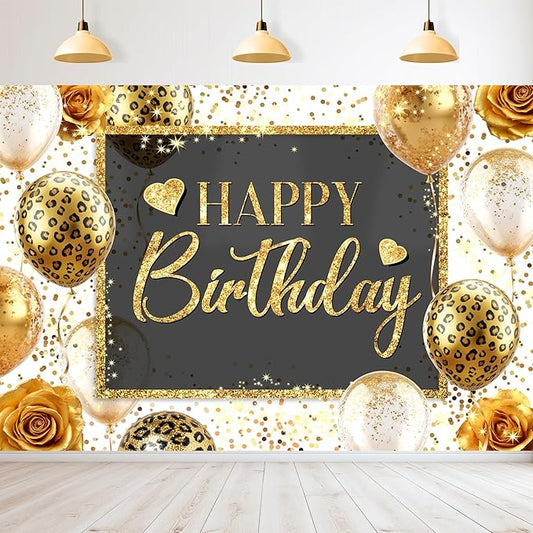 Homewelle Happy Birthday Backdrop 7Wx5H Feet Polyester Fabric Gold Leopard Balloon Love Heart Rose Elegant Flower Confetti Decoration Girly Gold Glitter Photography Background Photo Shoot Props