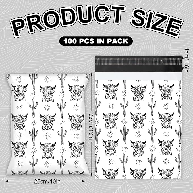 JarThenaAMCS 100Pcs Highland Cow Cactus Poly Mailers 10 x 13 Inch White Black Yak Packaging Bags Rustic Self Seal Mailing Envelope Bags for Small Business Clothing Document Gifts
