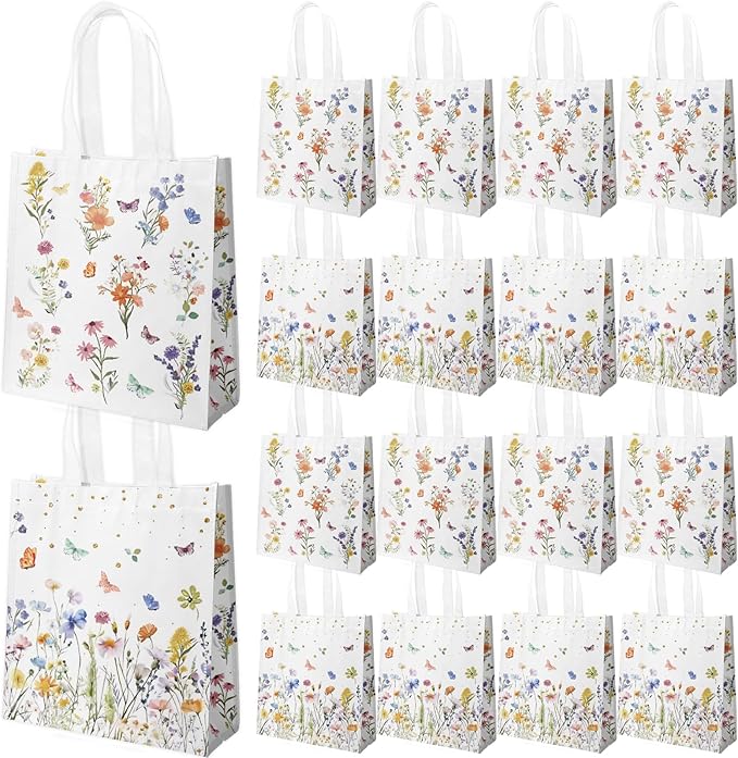 delaimastor 20pcs Wildflower Goodie Bags Floral Non Woven Tote Bags Reusable with Handles for Wedding Bridal Shower Bachelorette Birthday Tea Party 7.8x3.1x9.8 Inches