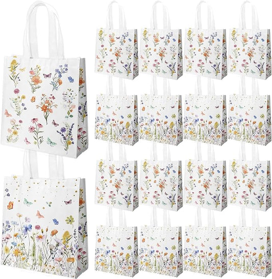 delaimastor 20pcs Wildflower Goodie Bags Floral Non Woven Tote Bags Reusable with Handles for Wedding Bridal Shower Bachelorette Birthday Tea Party 7.8x3.1x9.8 Inches