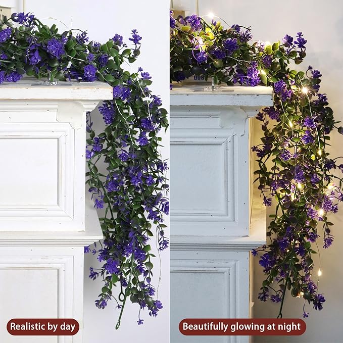 RECUTMS Faux Lighted Mantle Garland Artificial Hanging Greenery Fake Hanging Eucalyptus Leaves Vine with Lights Swag Garland for Indoor Outdoor Wall Party Mantel Wedding Table Arch Decor(Purple)