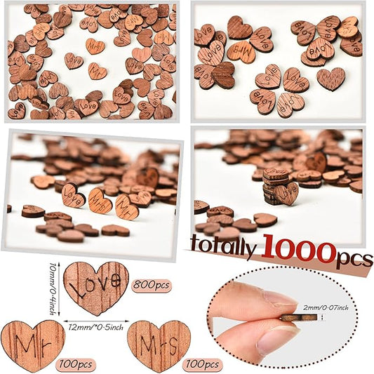 Blulu 1000 Pcs Small Wooden Heart Confetti for Craft Rustic Wedding Table Love Heart Centerpieces Decorations Mr Mrs Love Cake Decoration Gift for DIY Wedding Party Table Cake(Cute Style)