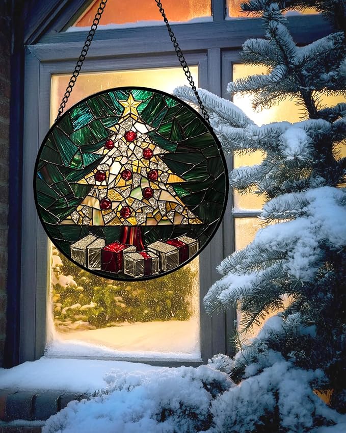 Stained Glass Window Hanging -Golden Christmas Tree Suncatcher for Doors Home Christmas Decoration Winter Sun Catcher Thanksgiving New Year Birthday Gifts for Women Men Mom Nana Girl 15 in
