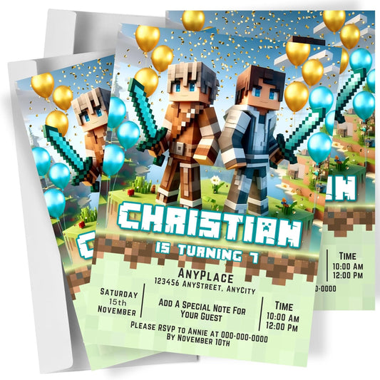 Fully Customizable minecraft Birthday Party Invitations, 4 x 6 inches, with Self-Sealing Envelopes, Gaming Theme Design, minecraft Birthday Invitations for Boys and Girls (Minecraft/Friend's)