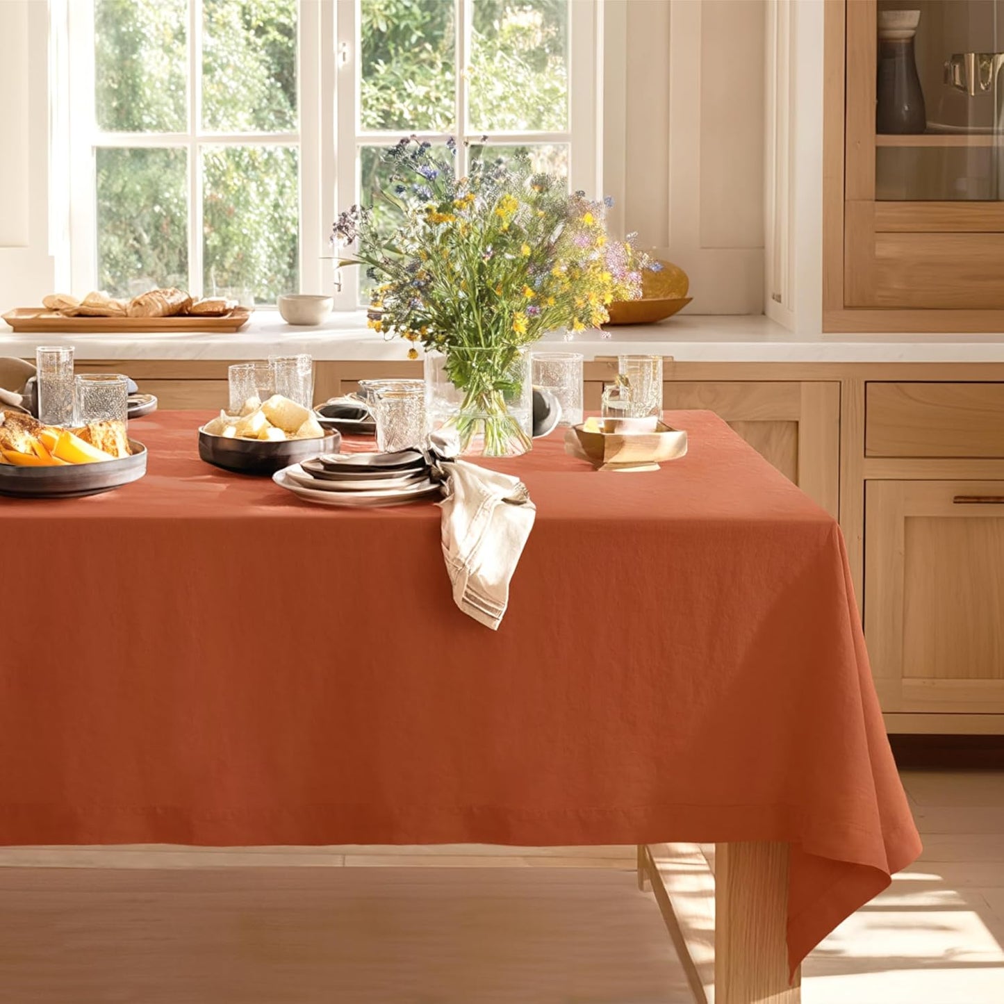 Linen World Fall Linen Tablecloth 108" x 60" Inch,French Linen Washable Rectangular Table Cloth for Dining,Outdoor,Weddings and Restaurants,Decorative Thanksgiving Christmas,Burnt Orange
