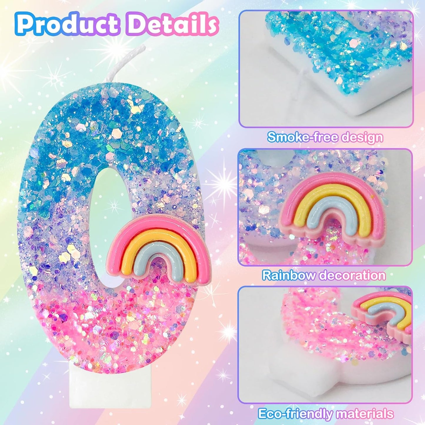 Rainbow Birthday Number Candles, Number 0 Candles, Cupcake Decorations, Macaron Birthday Cake Decorations, Cartoon Theme Party Supplies (Number 0)