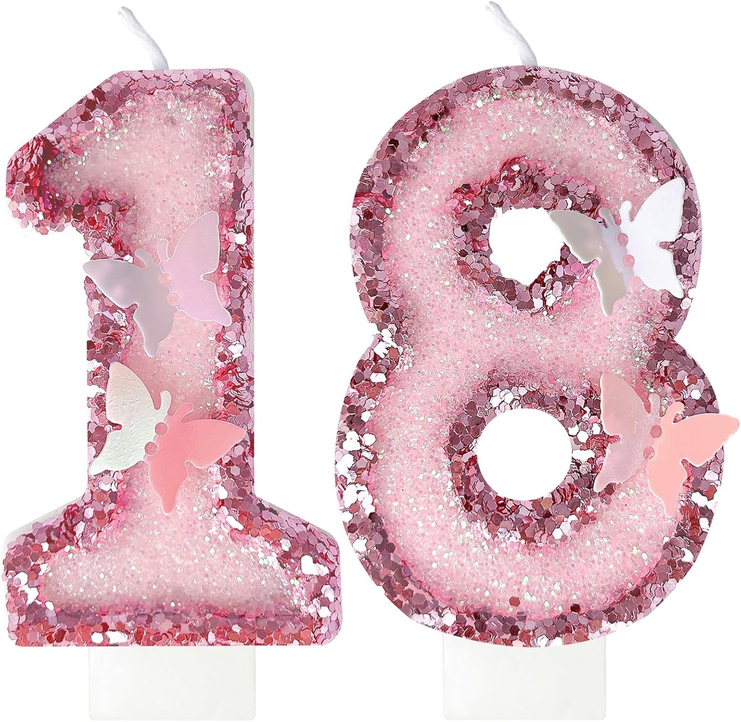18Th Birthday Candles，Glitter Butterfly Cake Toppers Pink Sequins Wedding Numeral Cupcake Decorations，Suitable for Girl and Boy Wedding Cakes, Party Celebrations, Birthday Decorations (18)