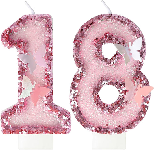18Th Birthday Candles，Glitter Butterfly Cake Toppers Pink Sequins Wedding Numeral Cupcake Decorations，Suitable for Girl and Boy Wedding Cakes, Party Celebrations, Birthday Decorations (18)