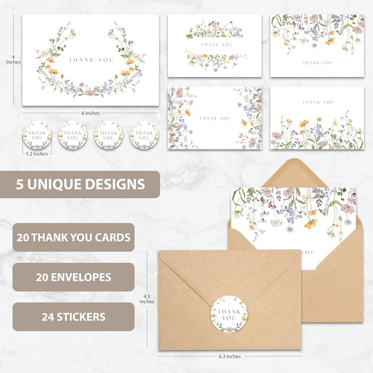 AUDREE Floral Thank You Cards With Envelopes (20 pack 4x6) - Wildflower Thank You Cards With Adhesive Envelope & Stickers - Thank You Cards for Birthday, Wedding, Bridal Showers, Baby Showers