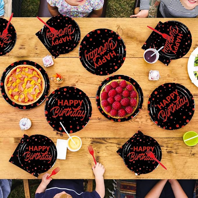 Grencian 96Pcs Red and Black Birthday Party Decorations Red Polka Dots on Black Paper Plates and Napkins Disposable Dessert Tableware for Men Women Stranger Birthday Party Decorations Serves 24