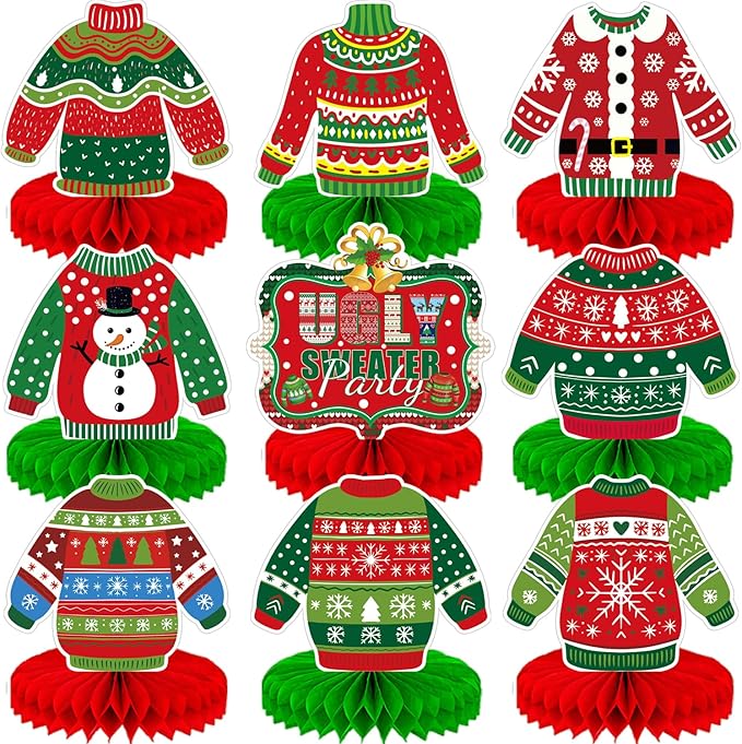 Christmas Ugly Sweater Party Table Decorations, 9 Pcs Ugly Sweater Honeycomb Centerpieces, 3D Funny Holiday Table Topper for Christmas Party Supplies, Winter Home & Office Decor