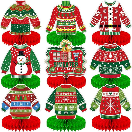 Christmas Ugly Sweater Party Table Decorations, 9 Pcs Ugly Sweater Honeycomb Centerpieces, 3D Funny Holiday Table Topper for Christmas Party Supplies, Winter Home & Office Decor