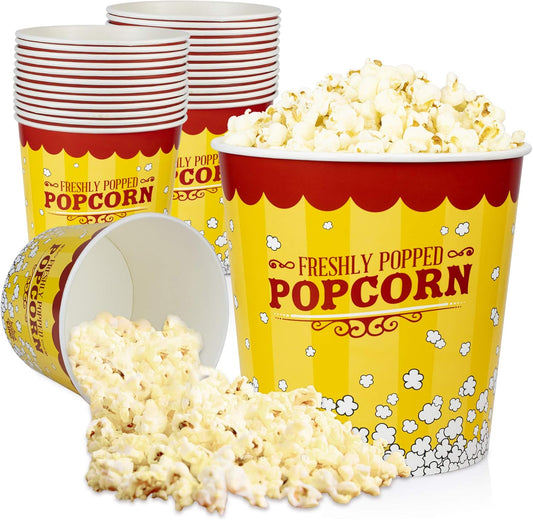 Fit Meal Prep 25 Pack Large Popcorn Buckets Disposable, 130 Oz Yellow and Red Paper Popcorn Containers Tubs for Home and Theater Movie Night