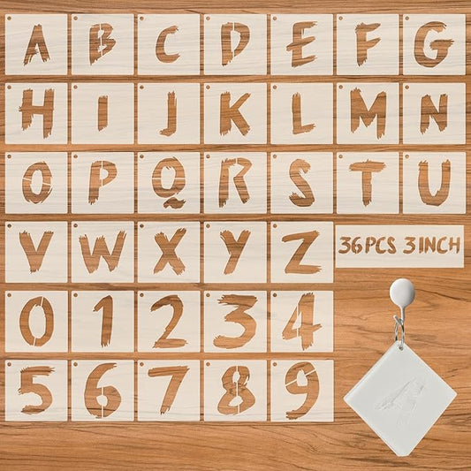 36Pcs Reusable Letter Stencils - Alphabet & Numbers, 3 inch Cursive for Wood, Wall, Fabric, Rock, Chalkboard, Signage
