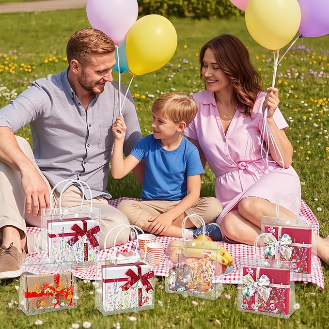 H1vojoxo Spring Wildflower Gift Bags - 24PCS Spring Wildflower Clear PVC Gift Bags with Handle Bulk Reusable Goodie Snack Treat Plastic Gift Wrap Tote Bag for Floral Themed Baby Shower Party Favors
