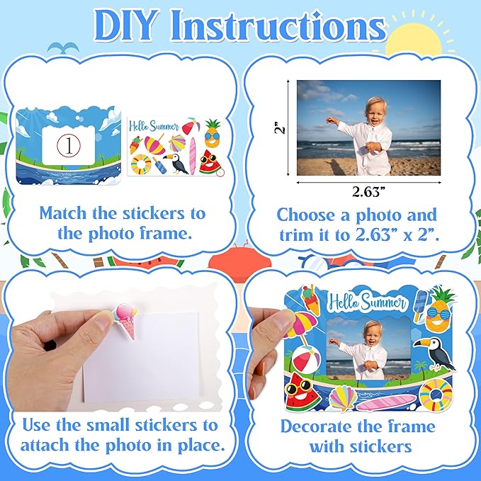80UncleKimby 56packs Summer Crafts for Kids – DIY Picture Frame Kit with Stickers for End of Year Party Favors, Beach Day, School Classroom Activities