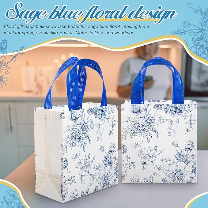 Sweetude 16 Pcs Bridesmaid Gift Bags Blue White Floral Gift Bags with Handle Flower Party Favor Non-woven Reusable Tote for Wedding Birthday Baby Shower Engagement DIY Shopping