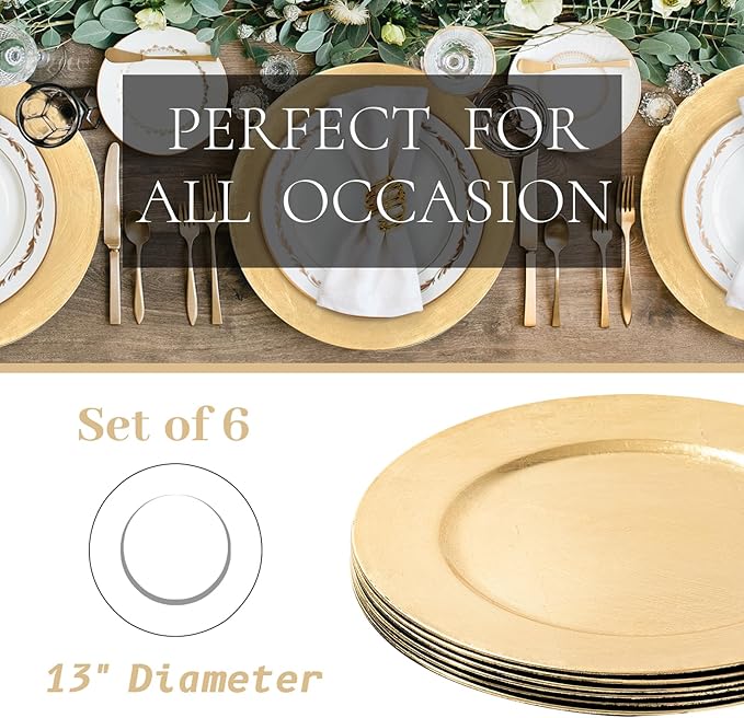 MAONAME Foil Gold Charger Plates Set of 6, 13" Plate Chargers for Dinner Plate, Plastic Round Chargers for Table Setting, Wedding Bulk