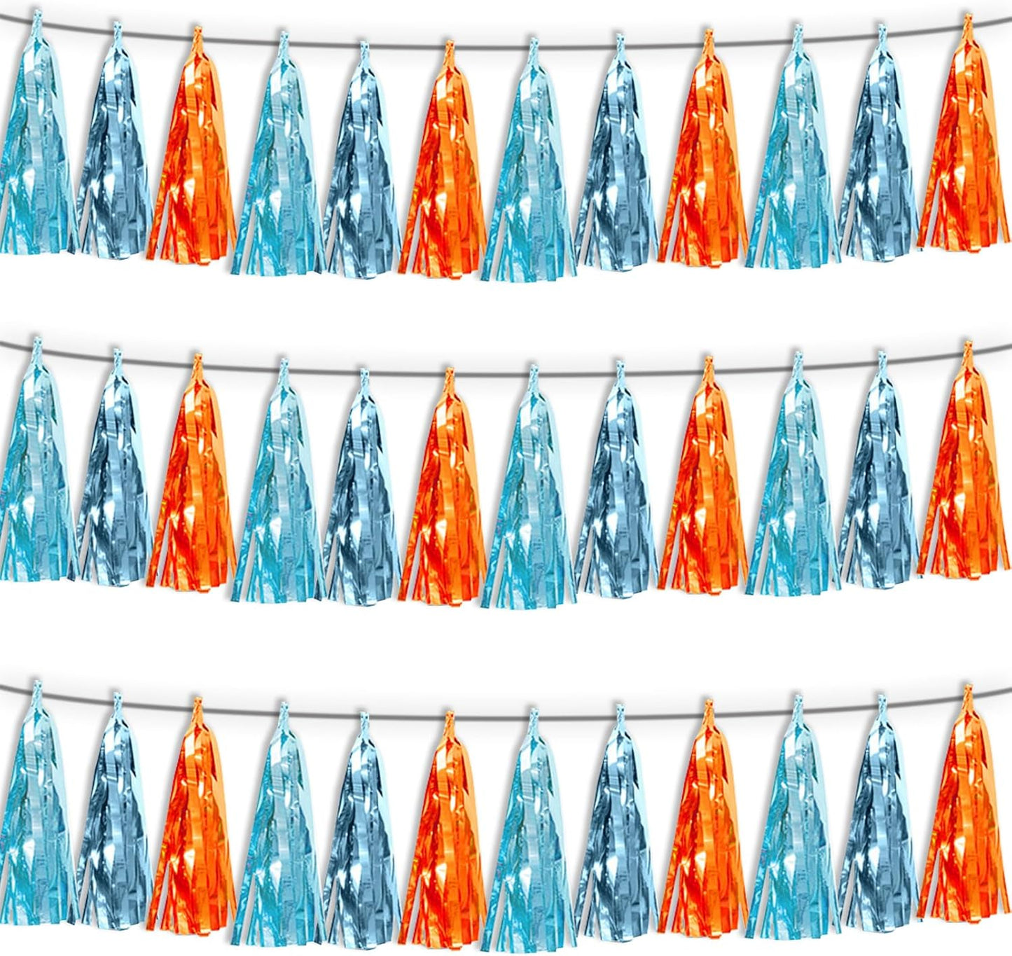 3P Lake Blue Light Blue-Orange Tassel Banner Garland Metallic Foil Fringe Banner Tinsel Tassels Streamer Banner Backdrop for Parade Floats,Graduation Decorations, Wedding Party Decoration