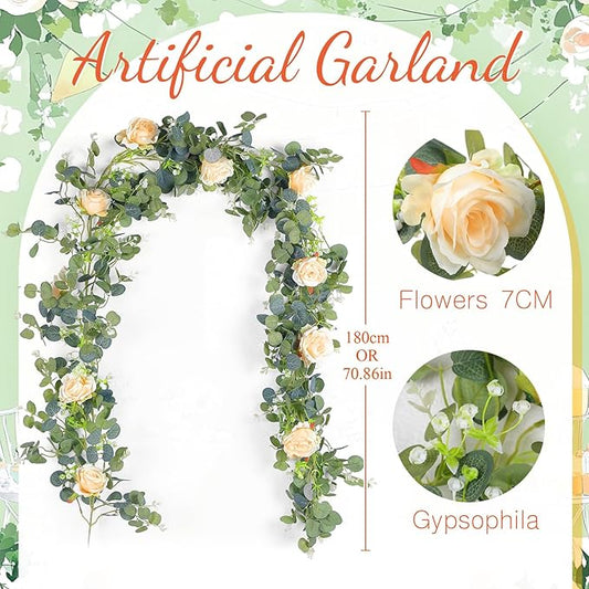 2pcs Large White Mr & Mrs Sign for Wedding Table with 5.91ft Artificial Flowers Garland, Wedding Centerpieces Wooden Bride and Groom Table Decorations for Engagement Decor (Champagne Rose)