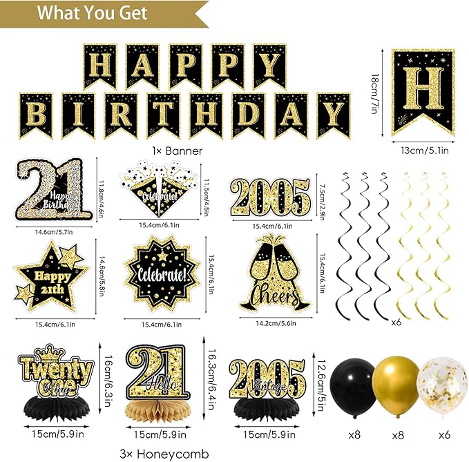 21st Birthday Decorations for Him, Black Gold Back in 2005 Party Supplies Kit with Sash, Banner, Backdrop, Balloons, Cake Topper & Honeycomb Centerpieces, 21 Year Old Birthday Party Decor Set