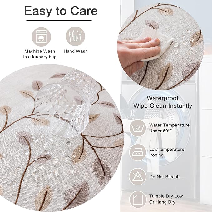 Joyfol Day Rectangle Linen Tablecloth, Heavy Duty Waterproof Tablecloths, Farmhouse Embroidery Leaves Table Cloth with Tassels, Soft Wrinkle Free Table Cover, Coffee Vines, 55''x 86''