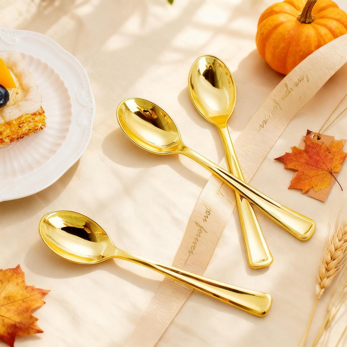 WDF 100 Pack Gold Plastic Spoons Disposable - Durable Heavy Duty 6.9 Inch Gold Spoons, Heat Resistant Modern Disposable Spoons Perfect for Thanksgiving Parties, Wedding, Banquets
