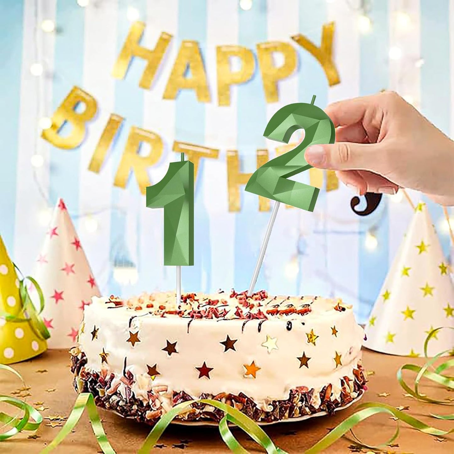 Number Birthday Candles(0 Candle Green) 3D Diamond Shape Number Happy Birthday Cake Candles for Birthday Party Wedding Decoration Reunions Theme Party