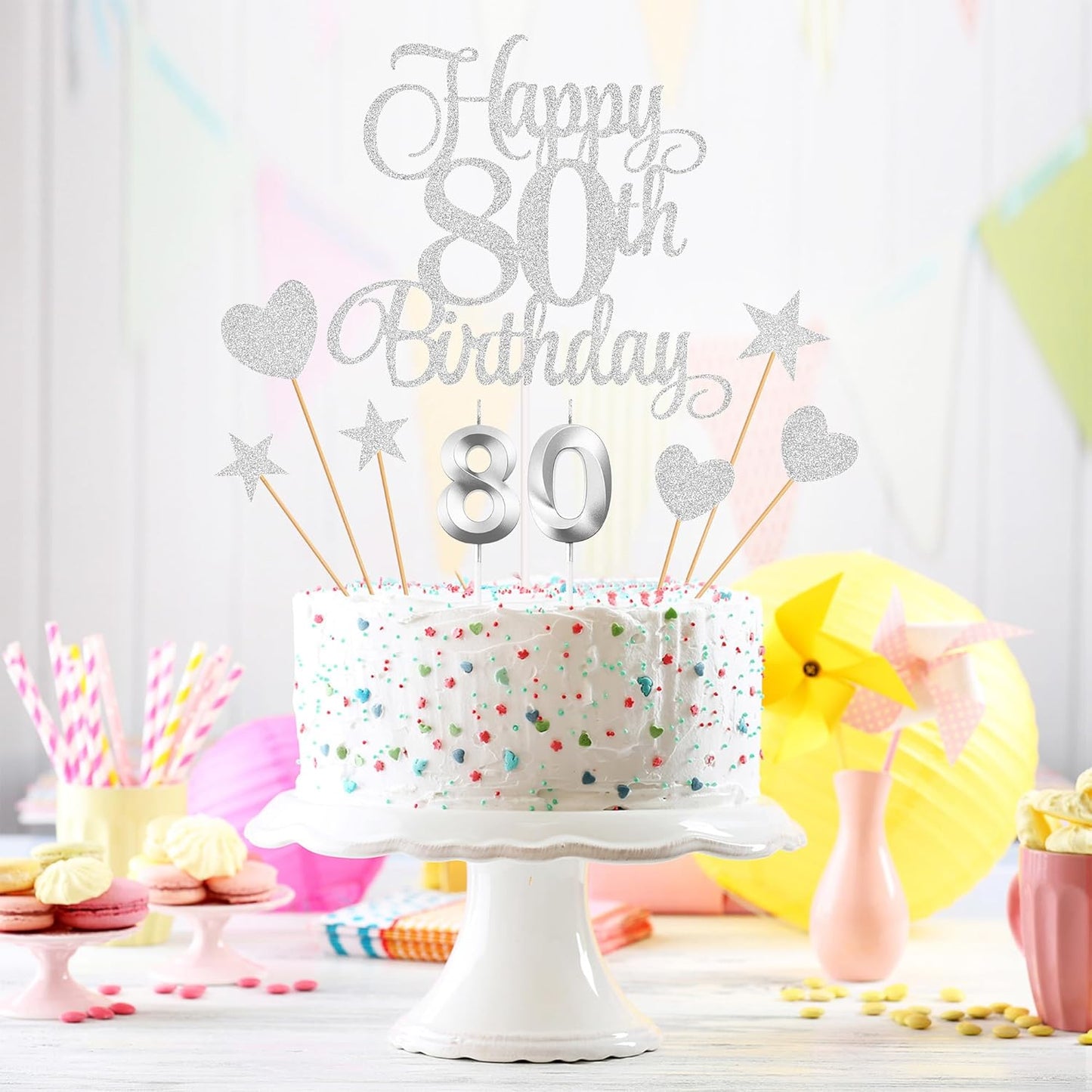 80th Birthday Cake Decorations, 80th Birthday Candles Cake Numeral Candles and Glitter Happy 80th Birthday Cake Toppers Set for Birthday Party Supplies (Silver)